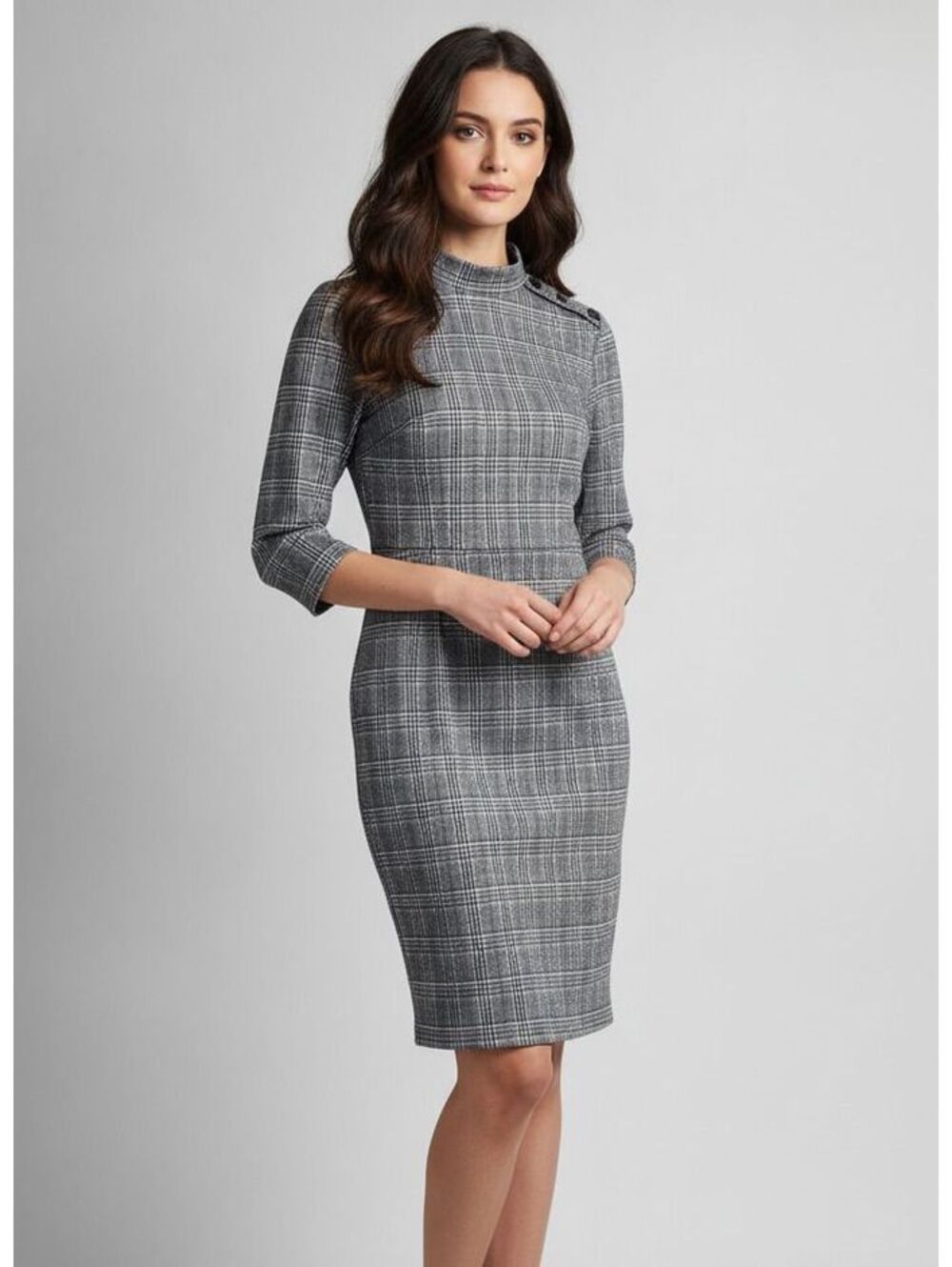 Suzy Shier Plaid Mock Neck Dress 3/4 Sleeve Fitted Button Shoulder Classic
